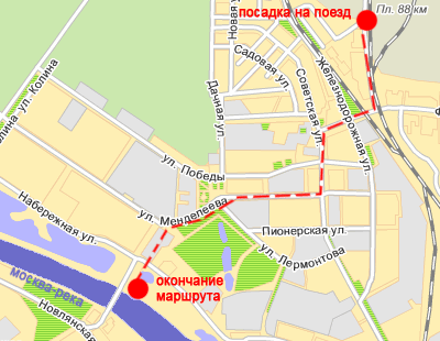Окончание маршрута сплава по реке Нерской в городе Воскресенске - схема