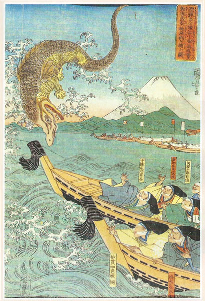 Японская гравюра. Куниеси. Асахина Есихидэ ловит крокодилов.
