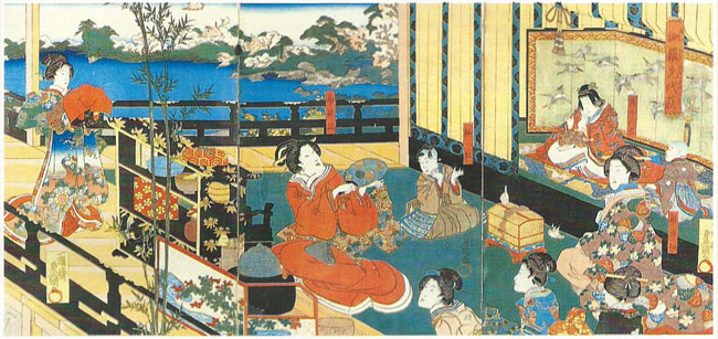Японская гравюра. Кунисада. Няня Масаока во дворце Асикага